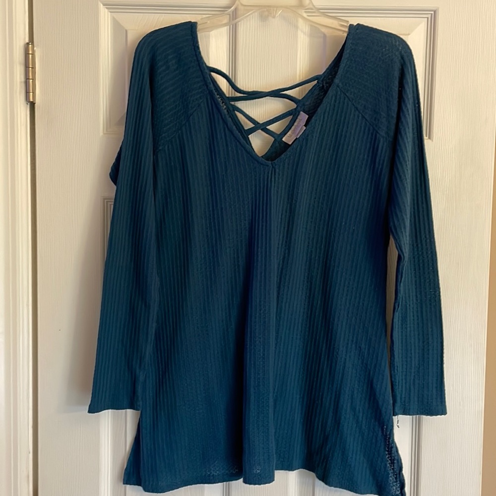 Turquoise maternity sweater top with back detail